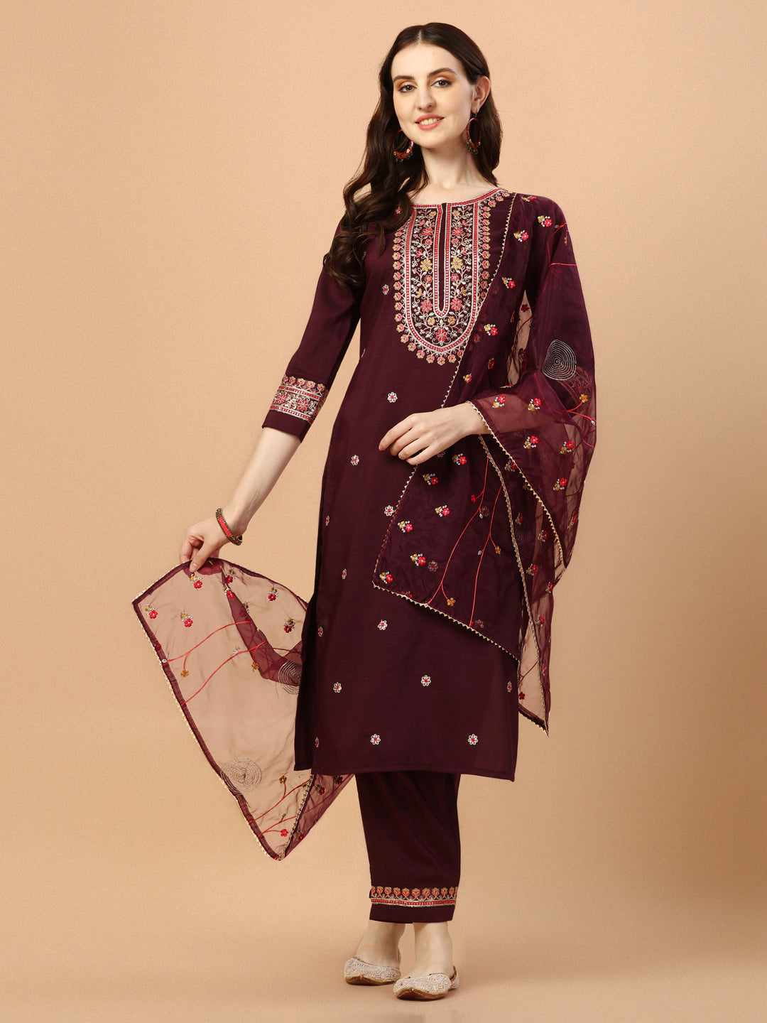 Multicolor rayon kurta with intricate embroidery and organza dupatta