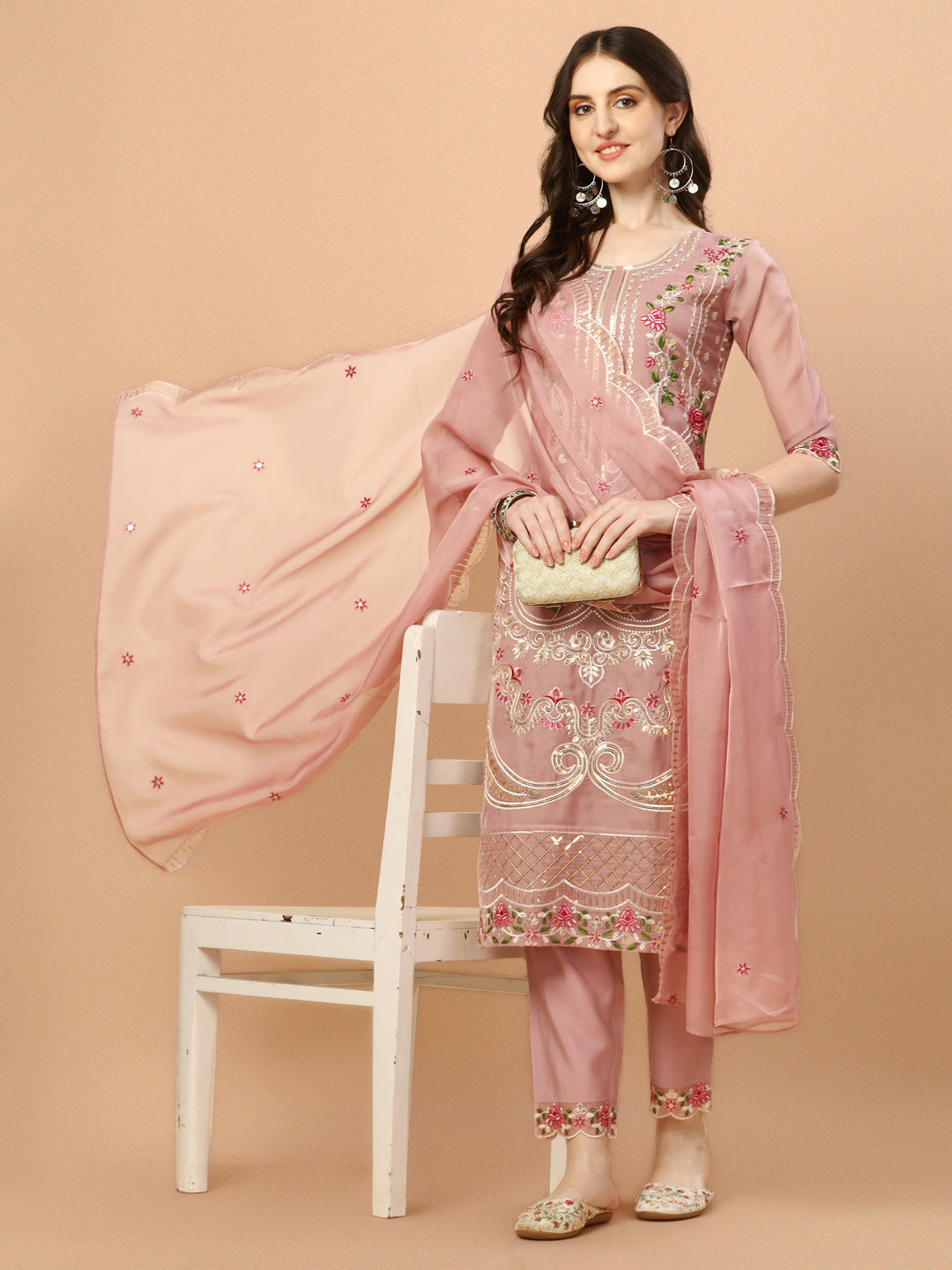 Multicolor embroidered Pakistani kurta set with coordinating pants and dupatta