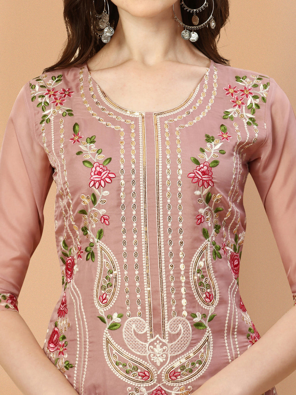 Multicolor Embroidered Pakistani Kurta with Pant and Dupatta Set