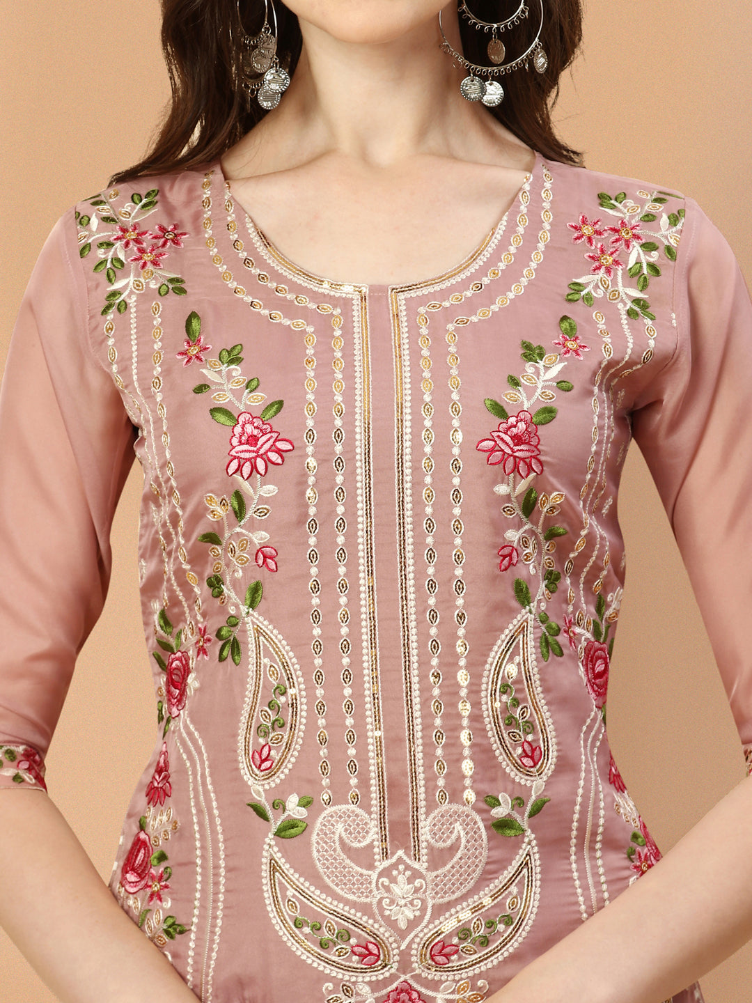 Multicolor Embroidered Pakistani Kurta with Pant and Dupatta Set