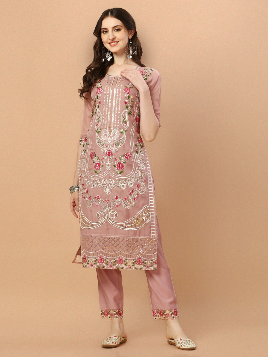 Multicolor Embroidered Pakistani Kurta with Pant and Dupatta Set