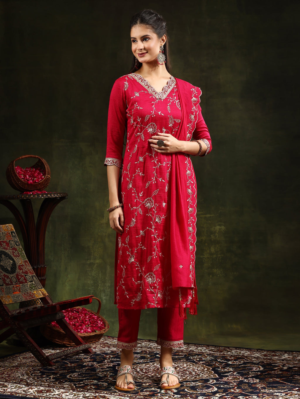 Pink sequined embroidered silk-blend kurta set with matching pants and dupatta