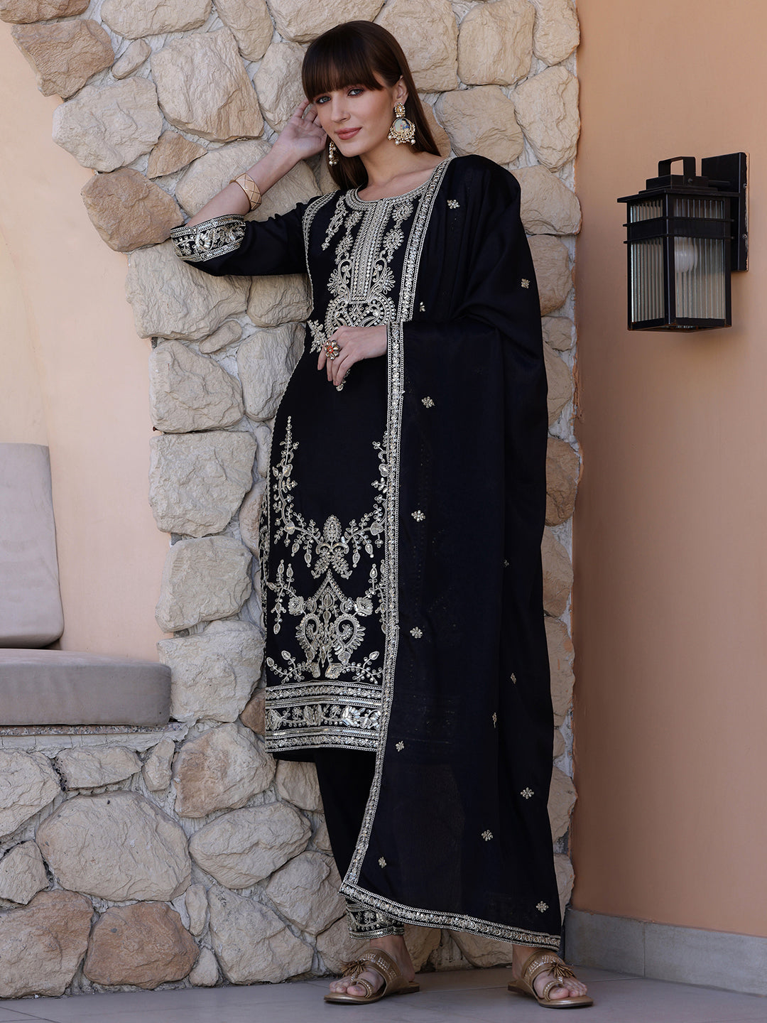 Black Pakistani Style Embroidered Kurta with Pant and Dupatta