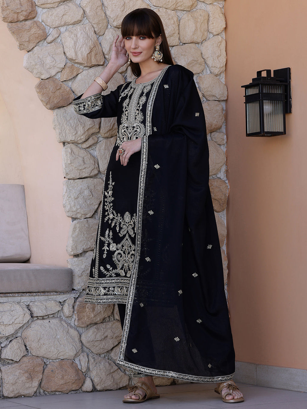 Black Pakistani Style Embroidered Kurta with Pant and Dupatta