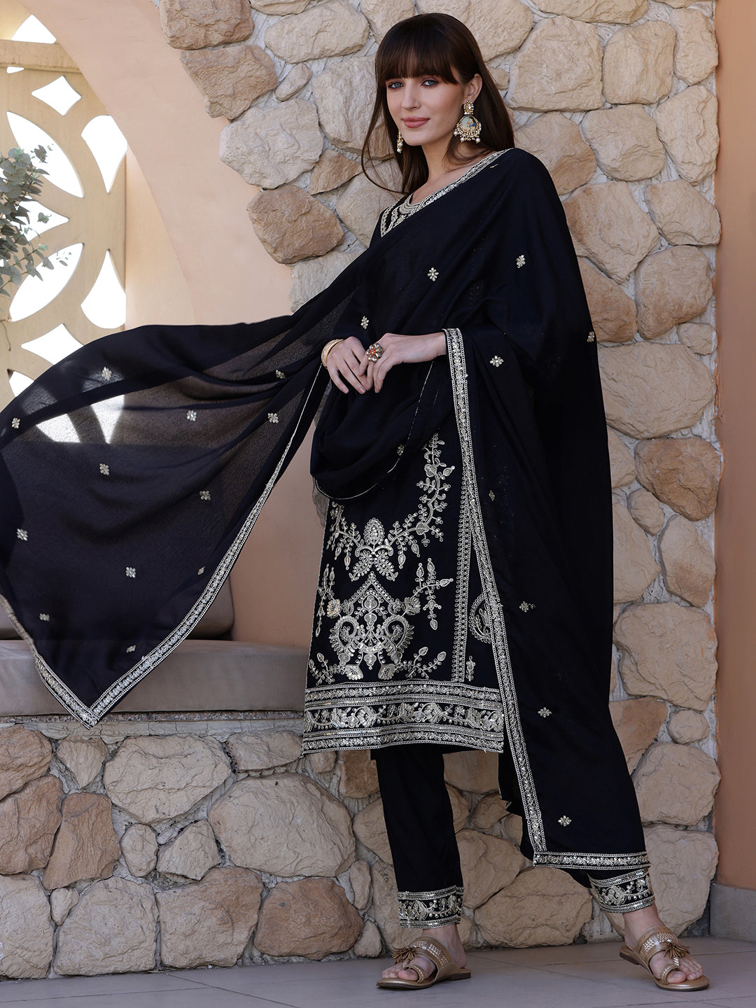 Black Pakistani Style Embroidered Kurta with Pant and Dupatta