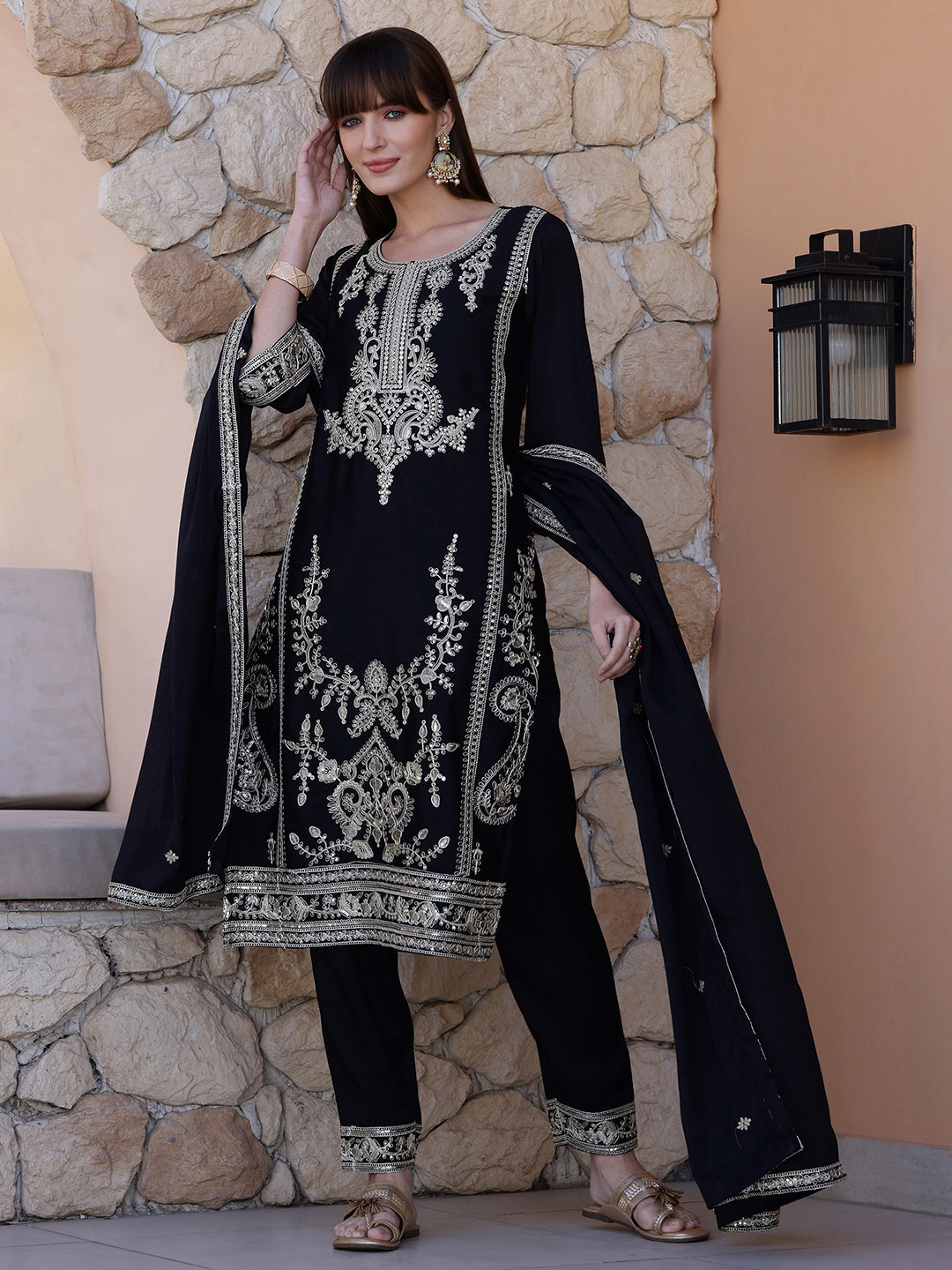Black Pakistani Style Embroidered Kurta with Pant and Dupatta