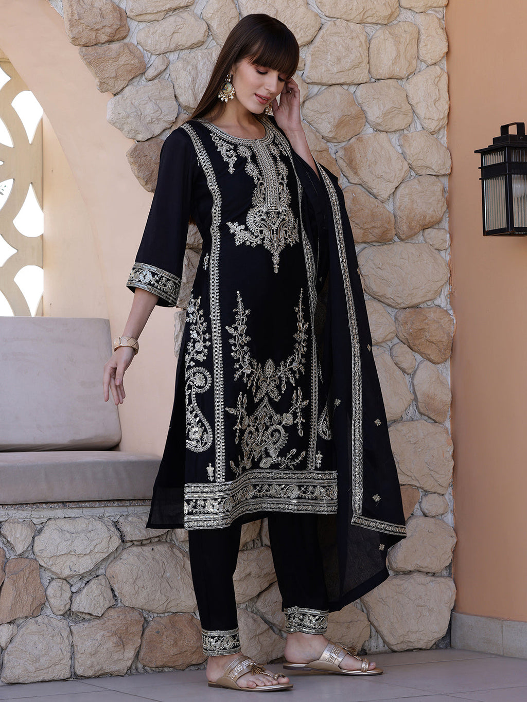 Black Pakistani Style Embroidered Kurta with Pant and Dupatta
