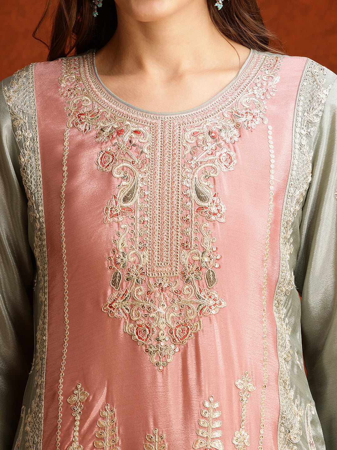 Green Pakistani Embroidered Silk Kurta Set with Pant and Dupatta