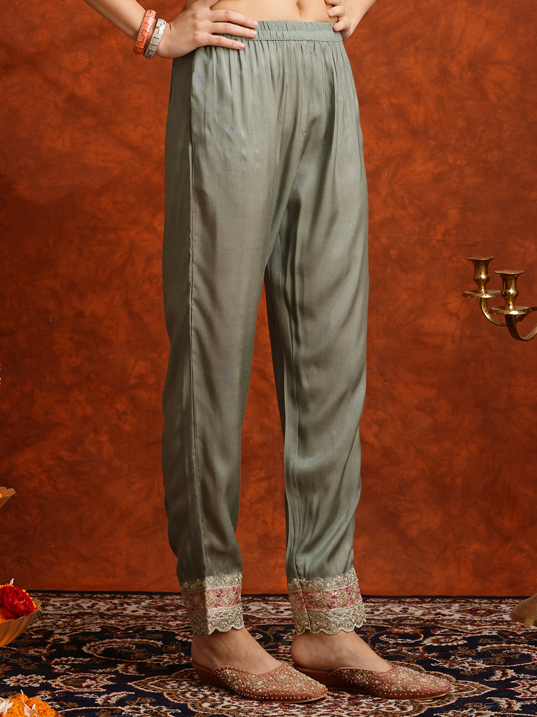 Green Pakistani Embroidered Silk Kurta Set with Pant and Dupatta
