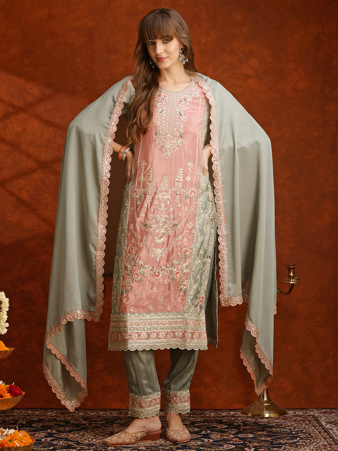 Green Pakistani Embroidered Silk Kurta Set with Pant and Dupatta