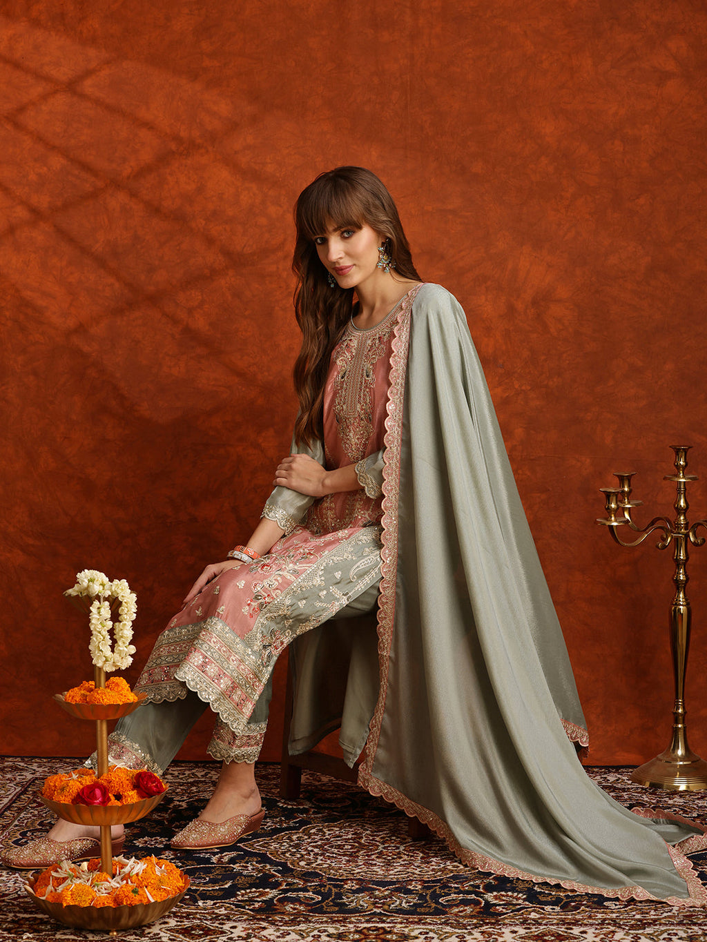 Green Pakistani Embroidered Silk Kurta Set with Pant and Dupatta