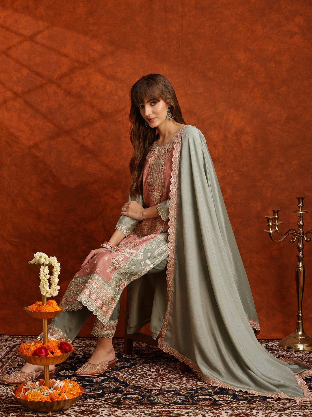 Green Pakistani Embroidered Silk Kurta Set with Pant and Dupatta
