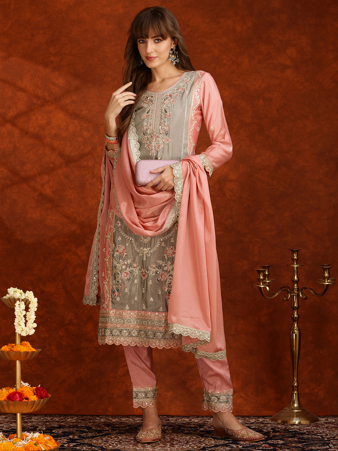 Pink Pakistani Embroidered Kurta Set with Embroidered Dupatta