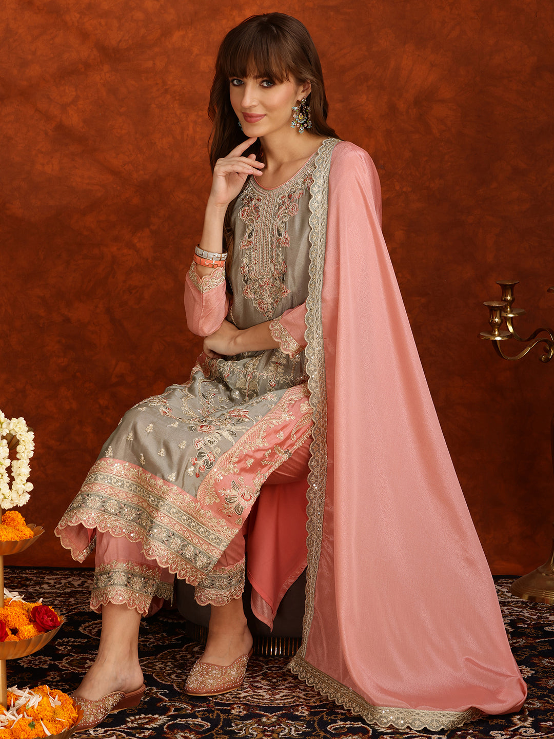 Pink Pakistani Embroidered Kurta Set with Embroidered Dupatta