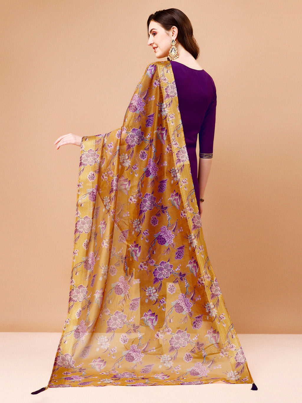 Embroidered Kurta Set with Printed Organza Dupatta, Multicolor