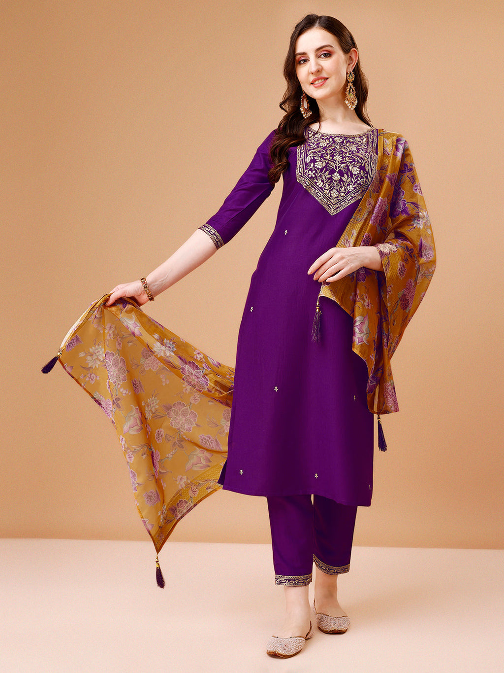 Multicolor embroidered kurta set with premium printed organza dupatta