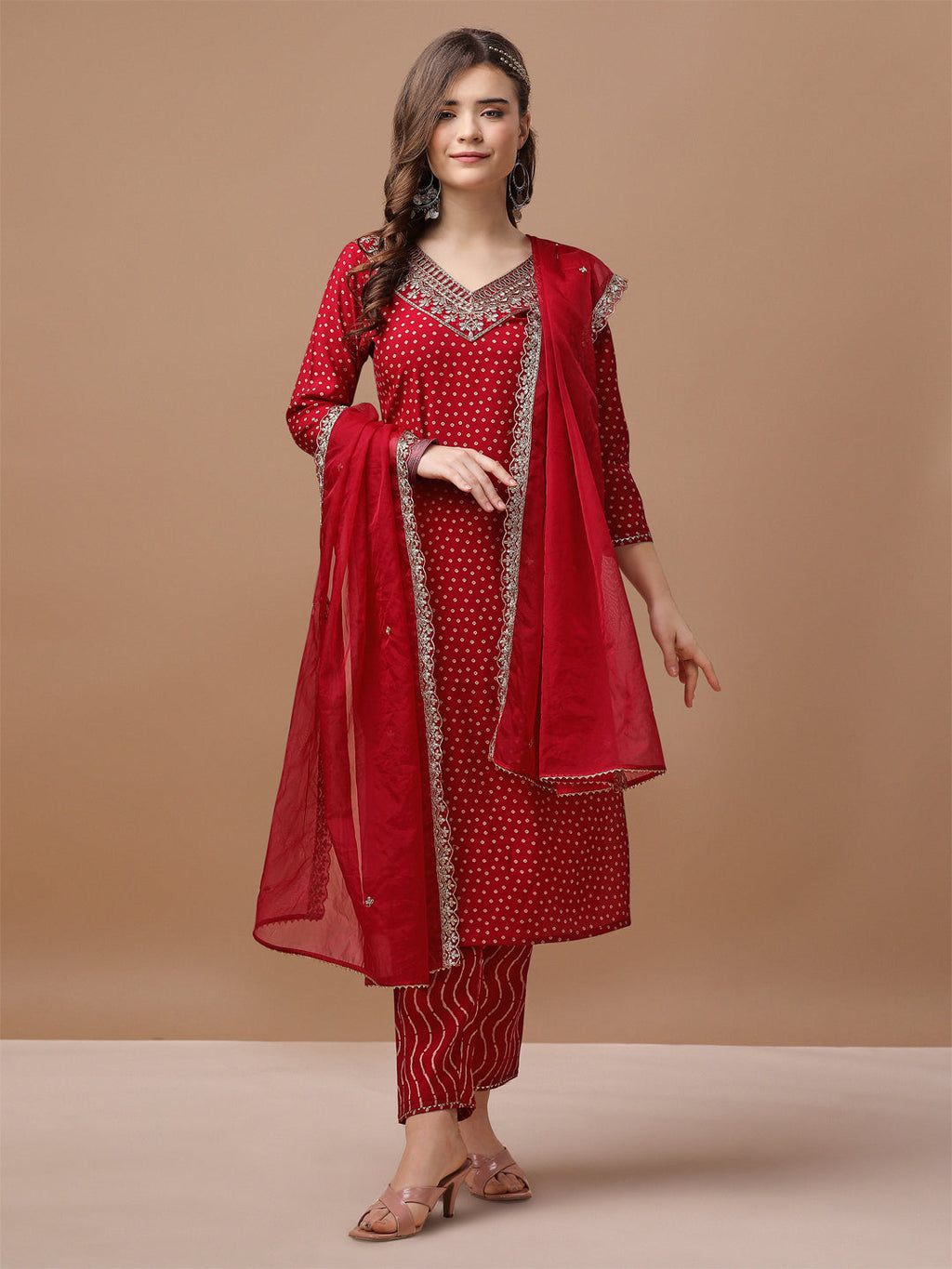 Premium multicolor Bandhani printed kurta with embroidered dupatta and pants