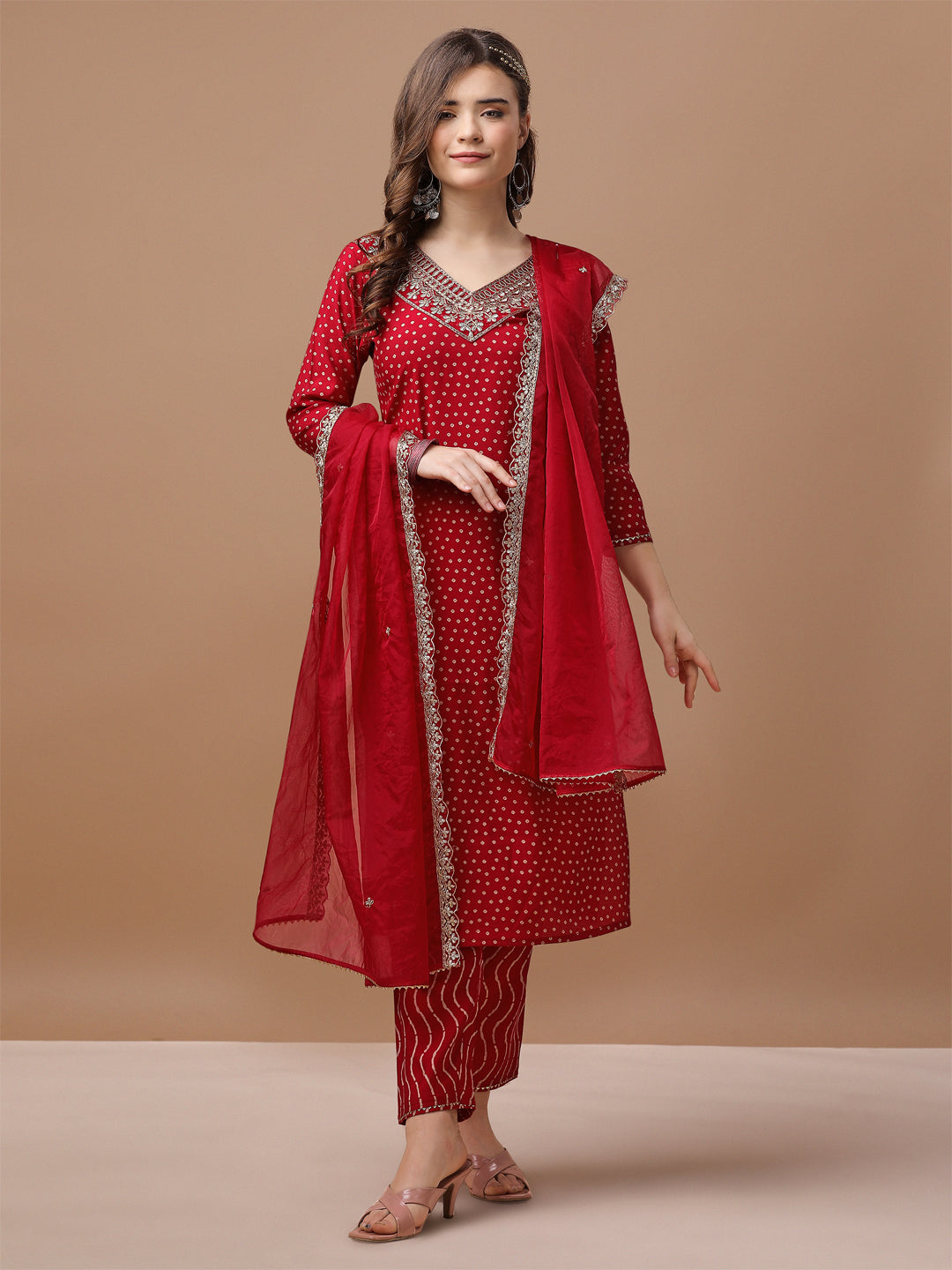 Premium multicolor Bandhani printed kurta with embroidered dupatta and pants