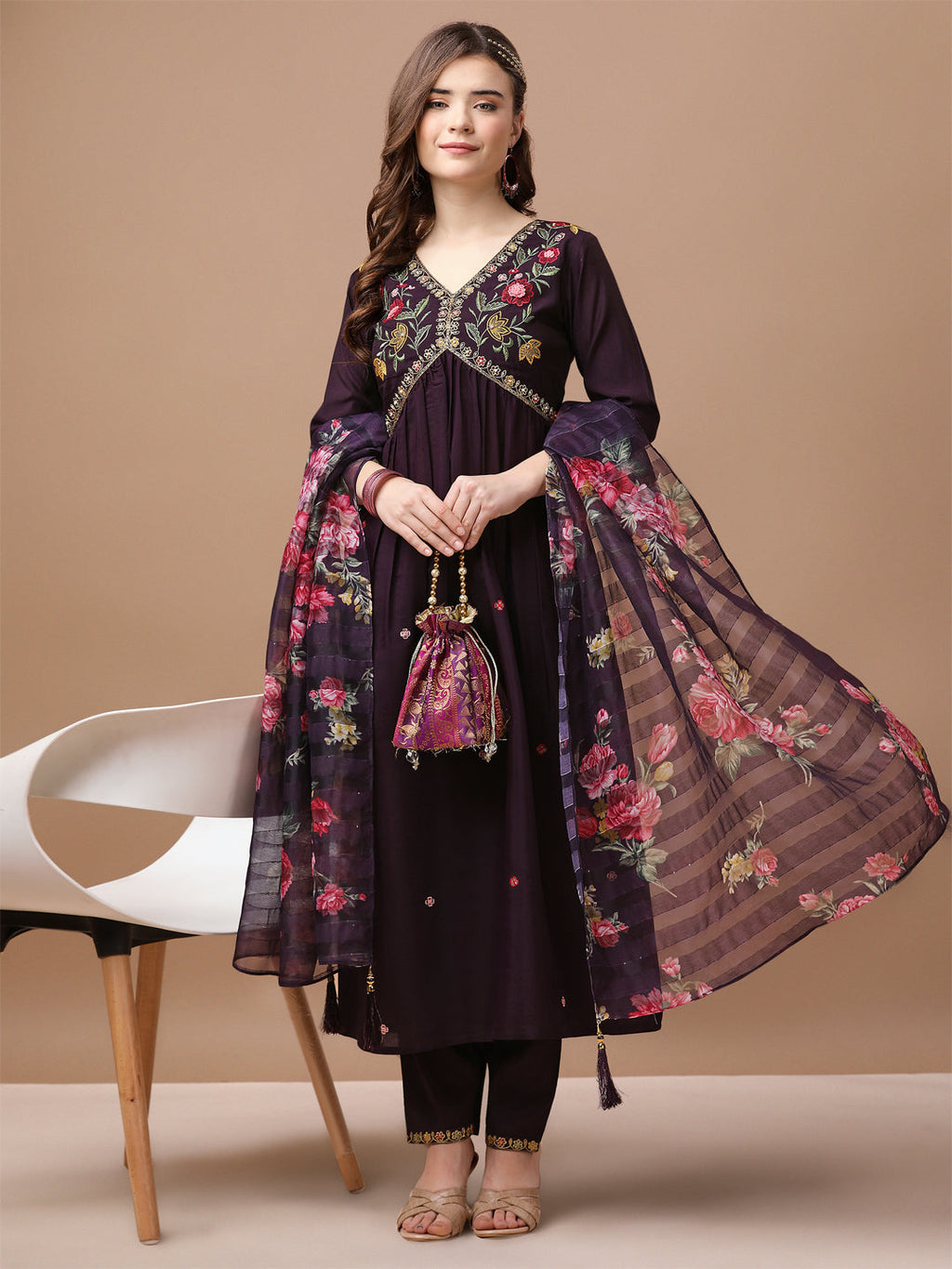 Multicolor Alia cut kurta with hand embroidery and matching pants and dupatta