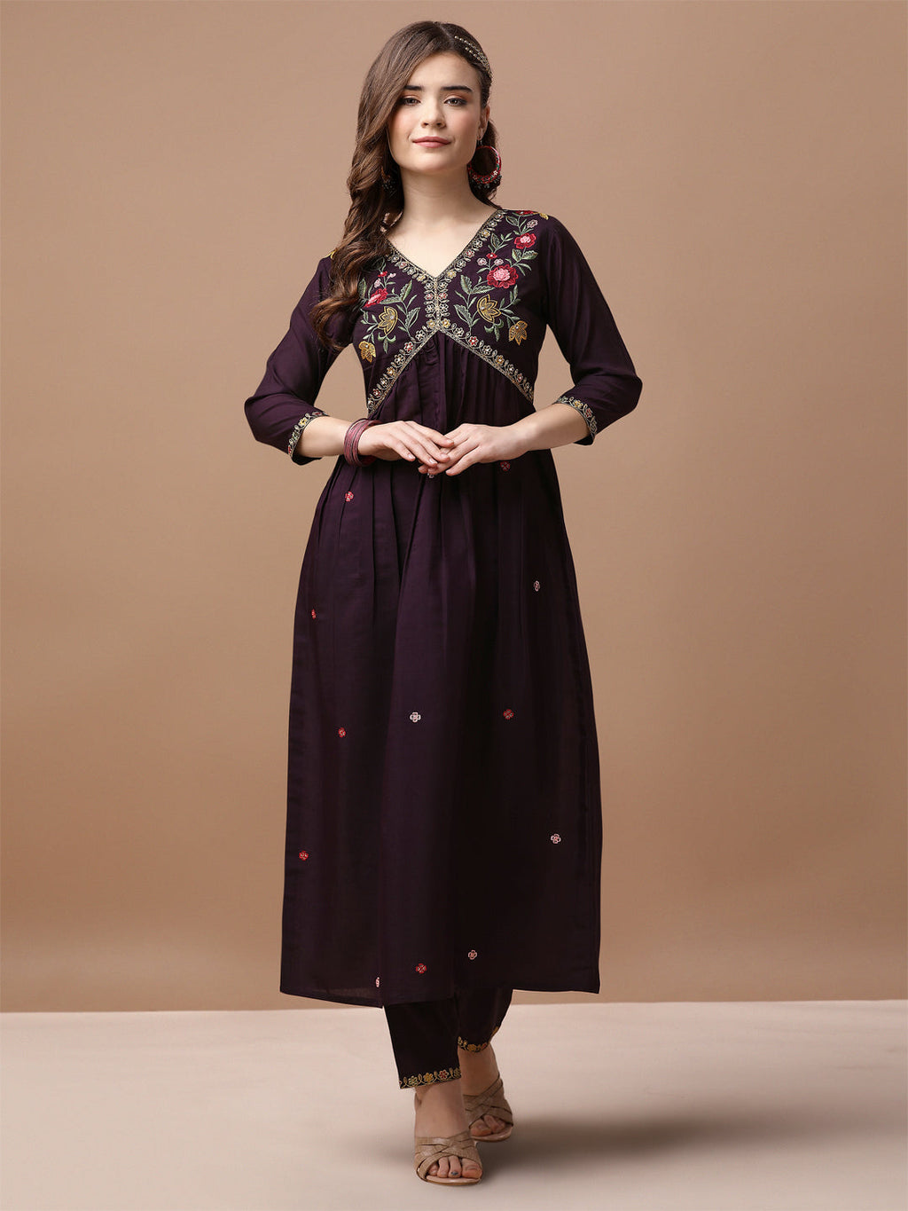 Multicolor Alia Cut Hand Embroidered Kurta Set with Pant and Dupatta