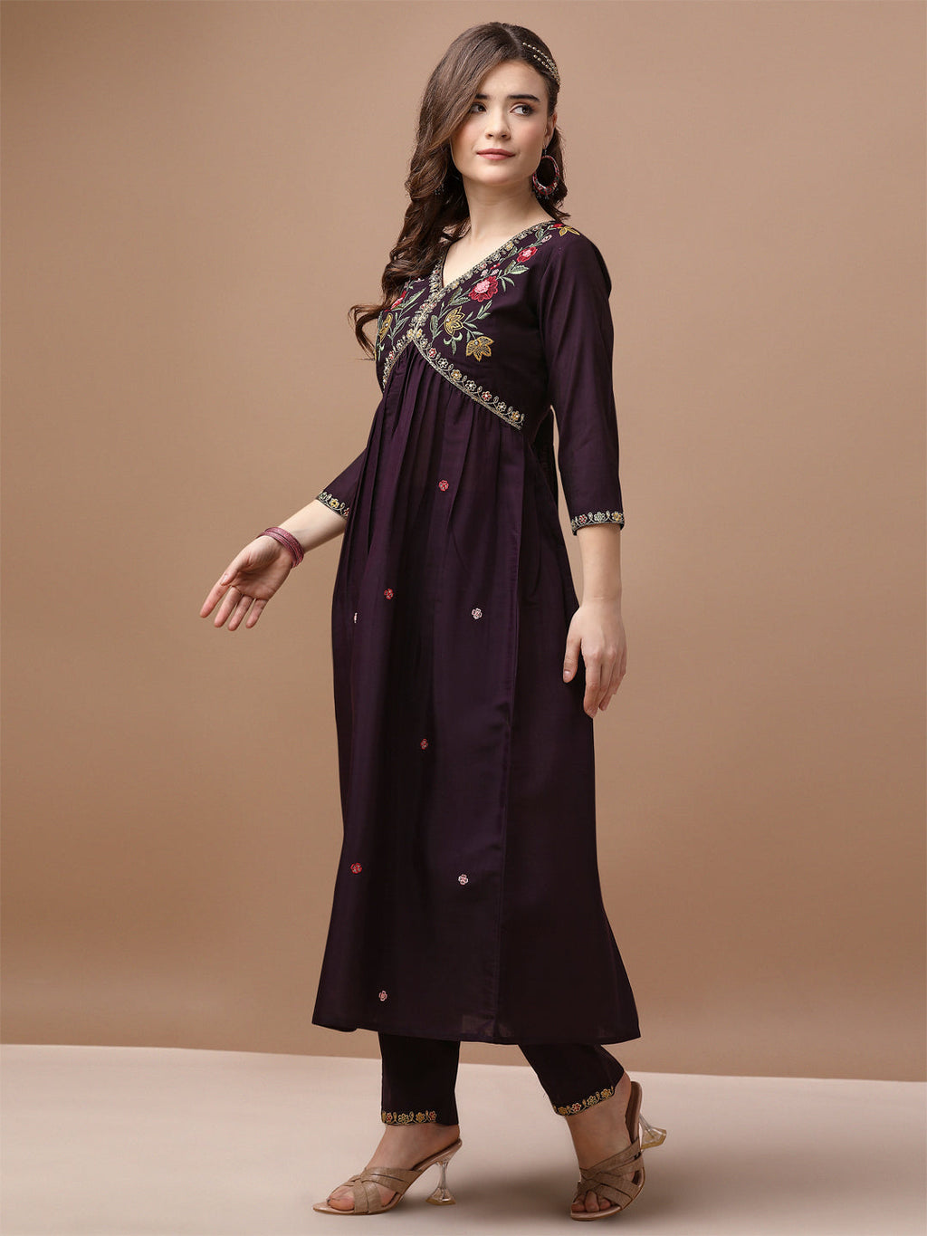 Multicolor Alia Cut Hand Embroidered Kurta Set with Pant and Dupatta