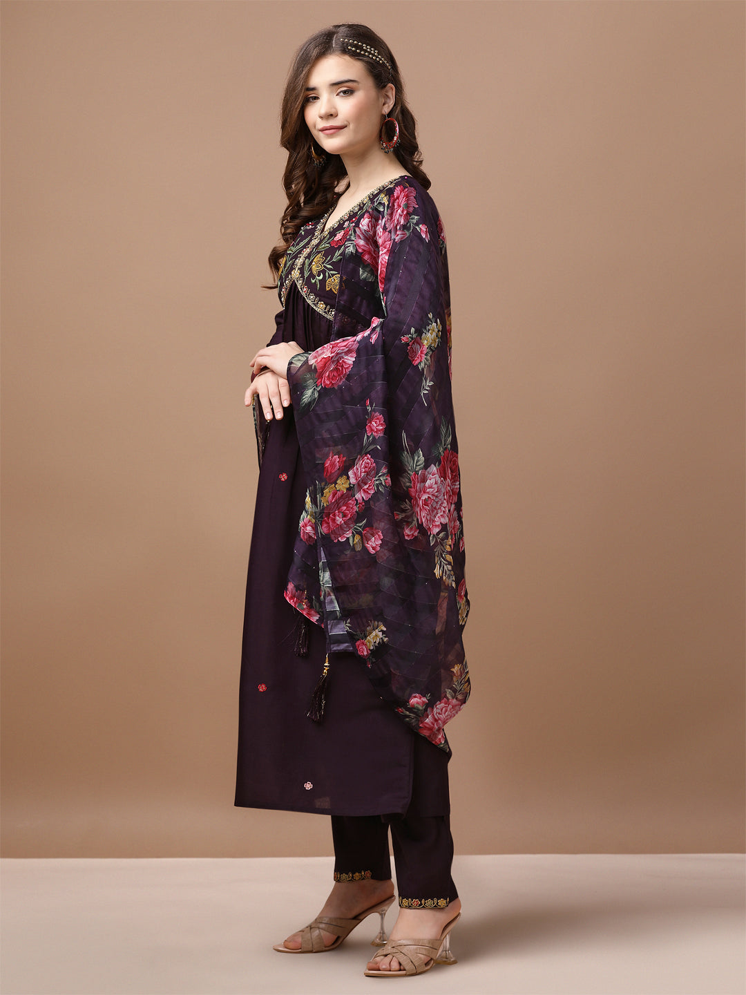 Multicolor Alia Cut Hand Embroidered Kurta Set with Pant and Dupatta
