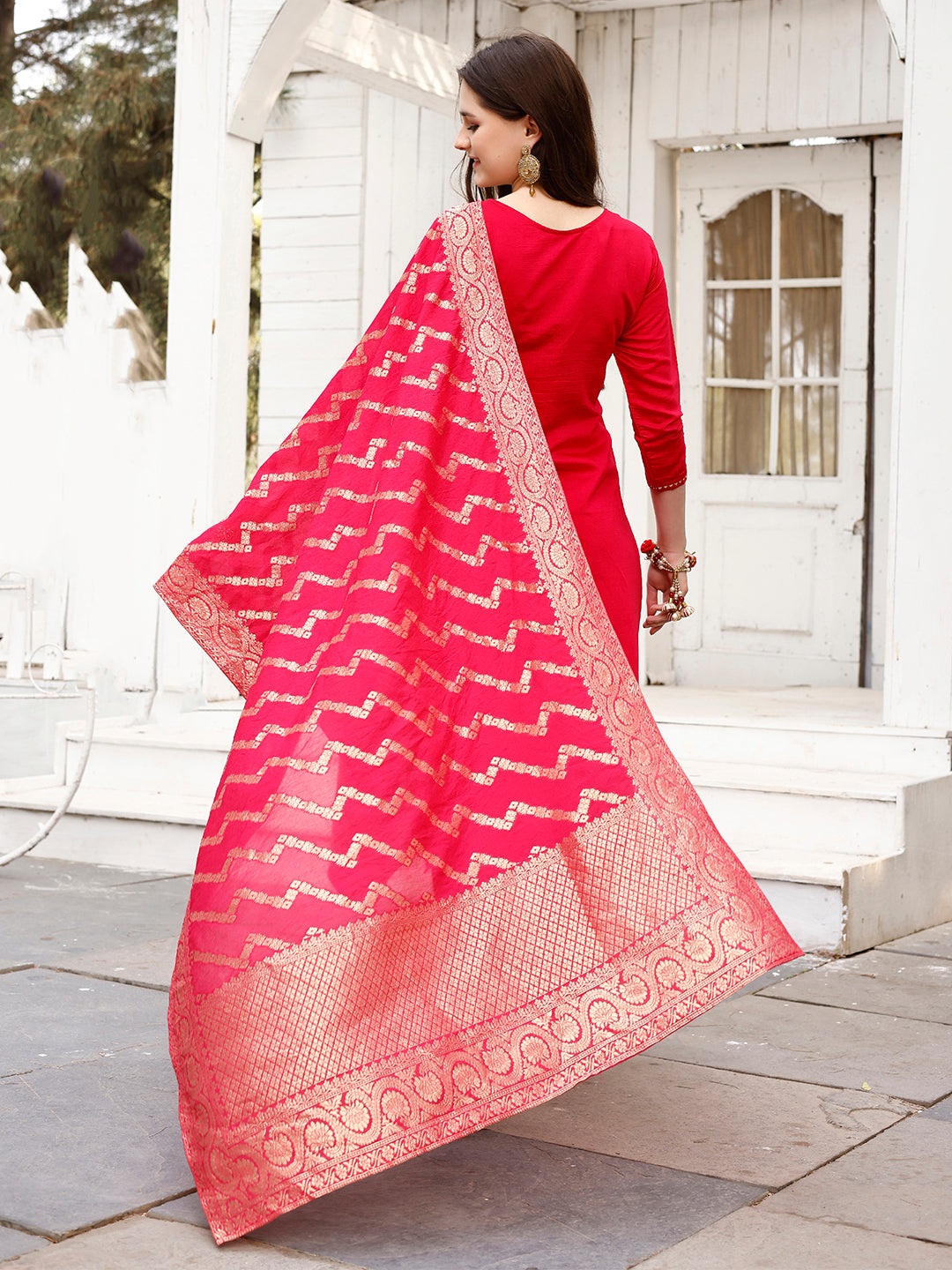 Hand Embroidered Rani Kurta Set with Banarasi Jacquard Dupatta