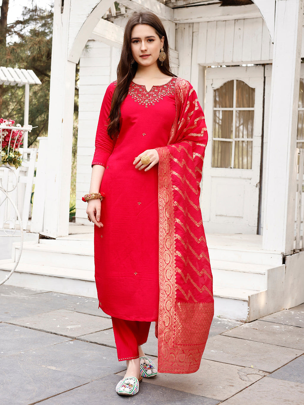 Multicolor hand embroidered Rani Kurta set with Banarasi Jacquard dupatta