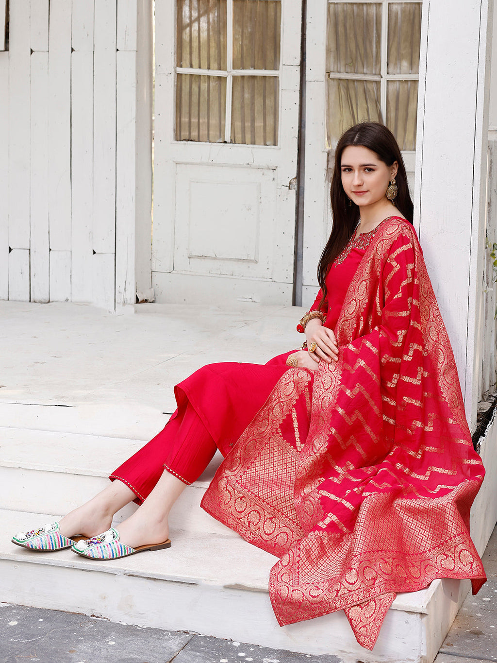 Hand Embroidered Rani Kurta Set with Banarasi Jacquard Dupatta