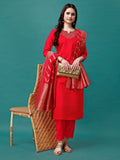 Woman wearing a multicolor hand embroidered kurta set with a Banarasi jacquard dupatta and sweetheart neckline