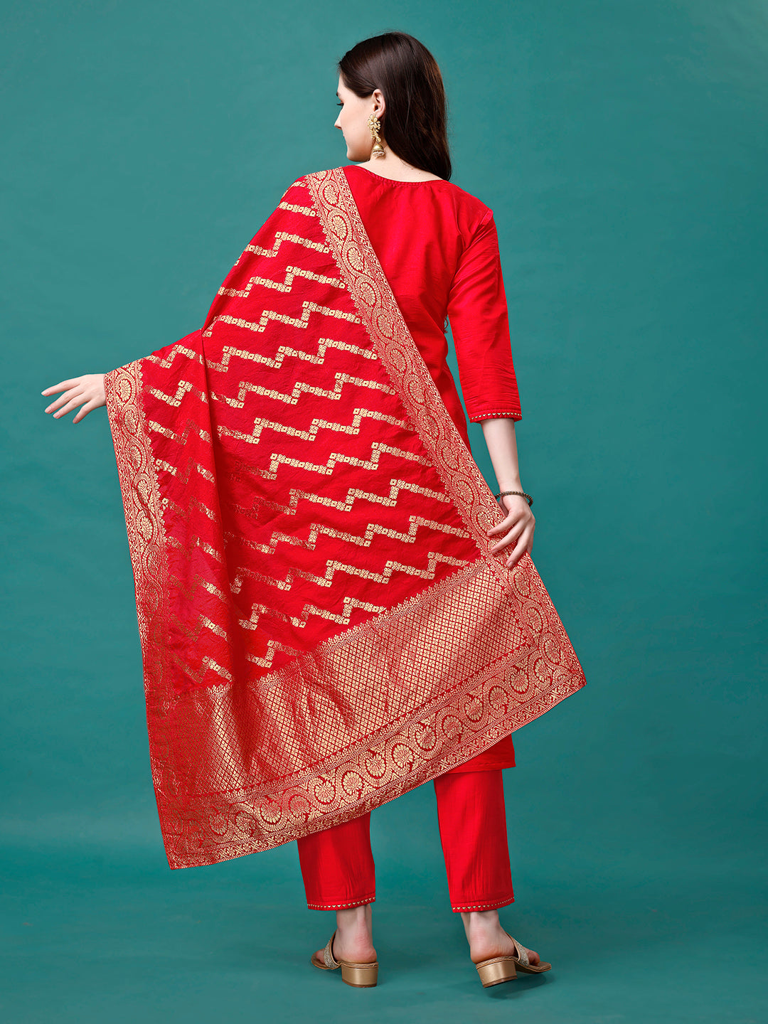 Multicolor Hand Embroidered Kurta Set with Banarasi Jacquard Dupatta