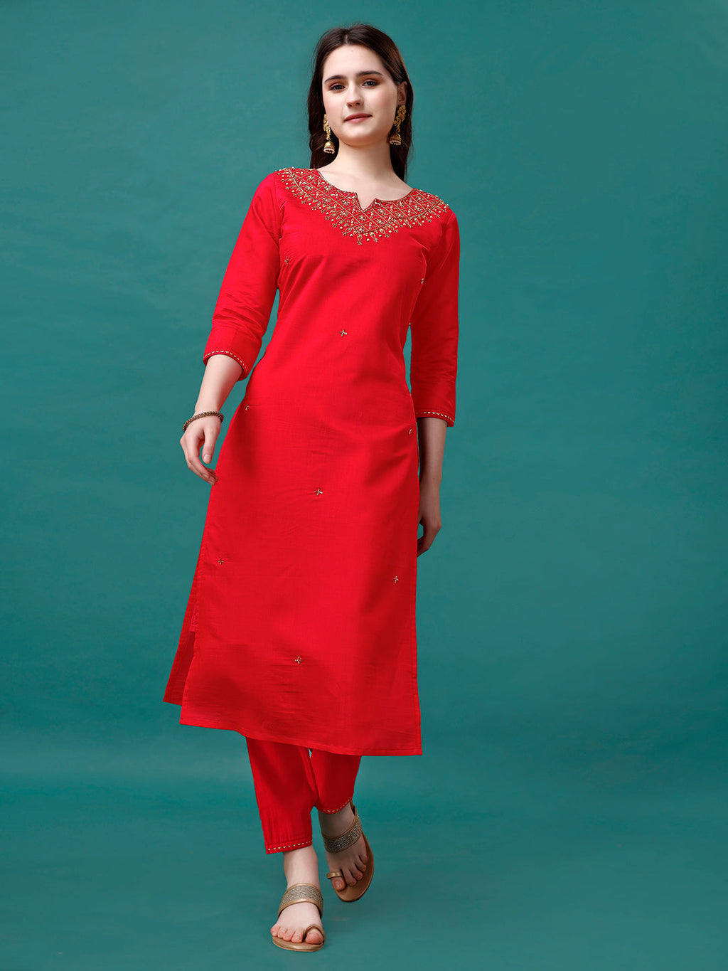 Multicolor Hand Embroidered Kurta Set with Banarasi Jacquard Dupatta