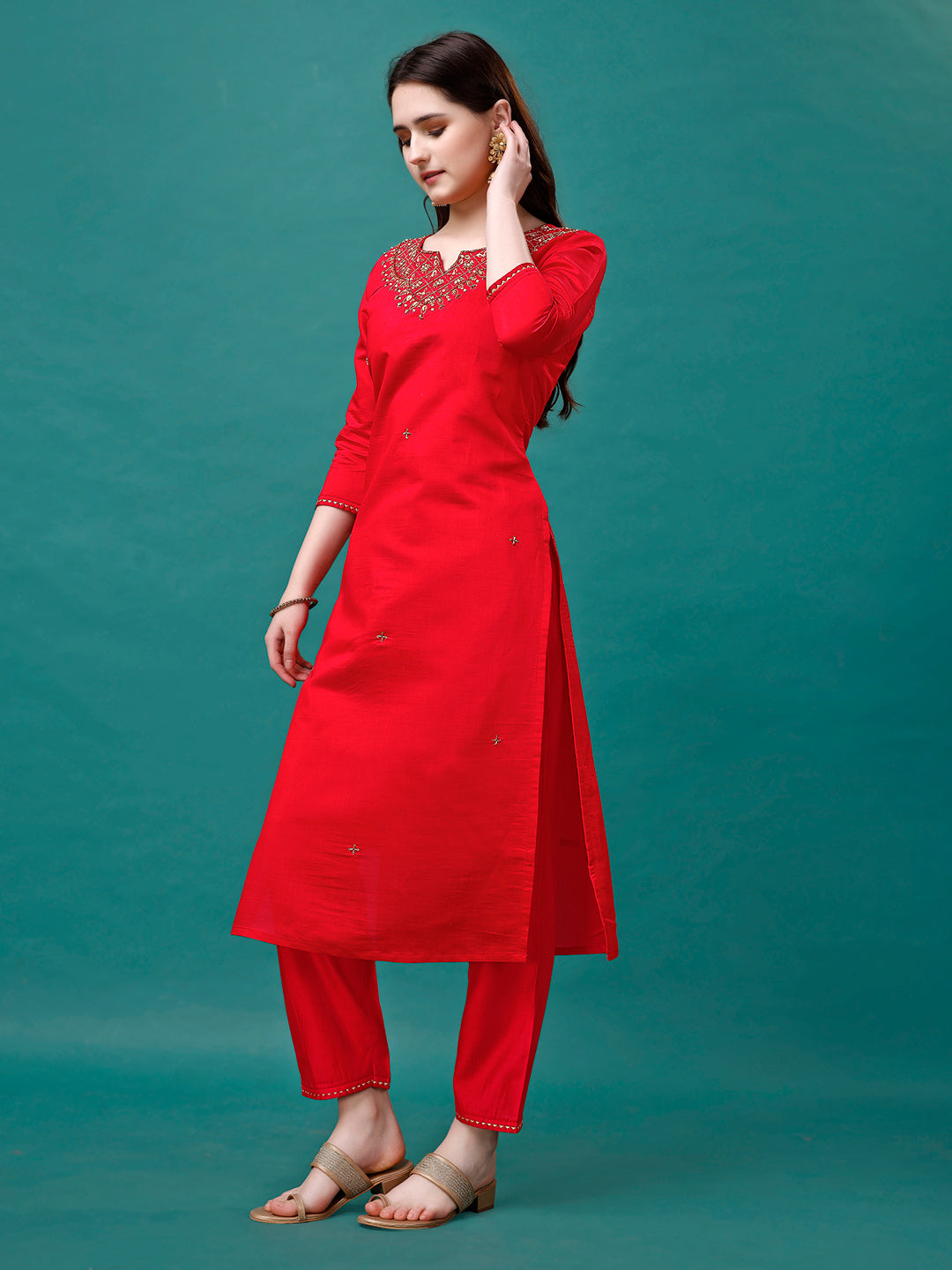 Multicolor Hand Embroidered Kurta Set with Banarasi Jacquard Dupatta