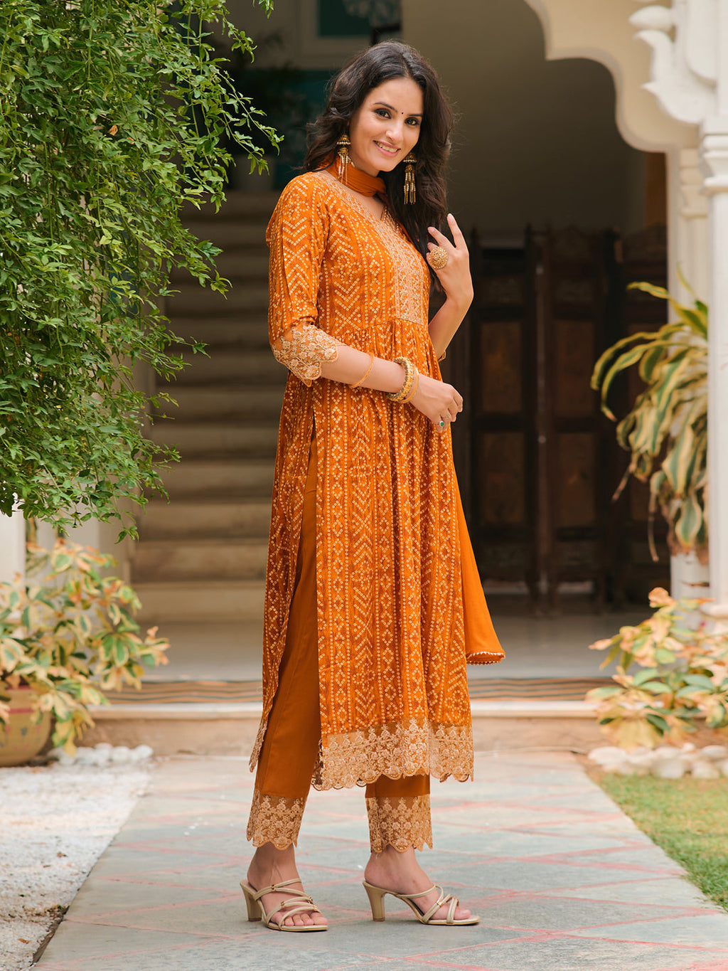 Nyra Cut Bandhani Printed Kurta Set with Embroidered Pant