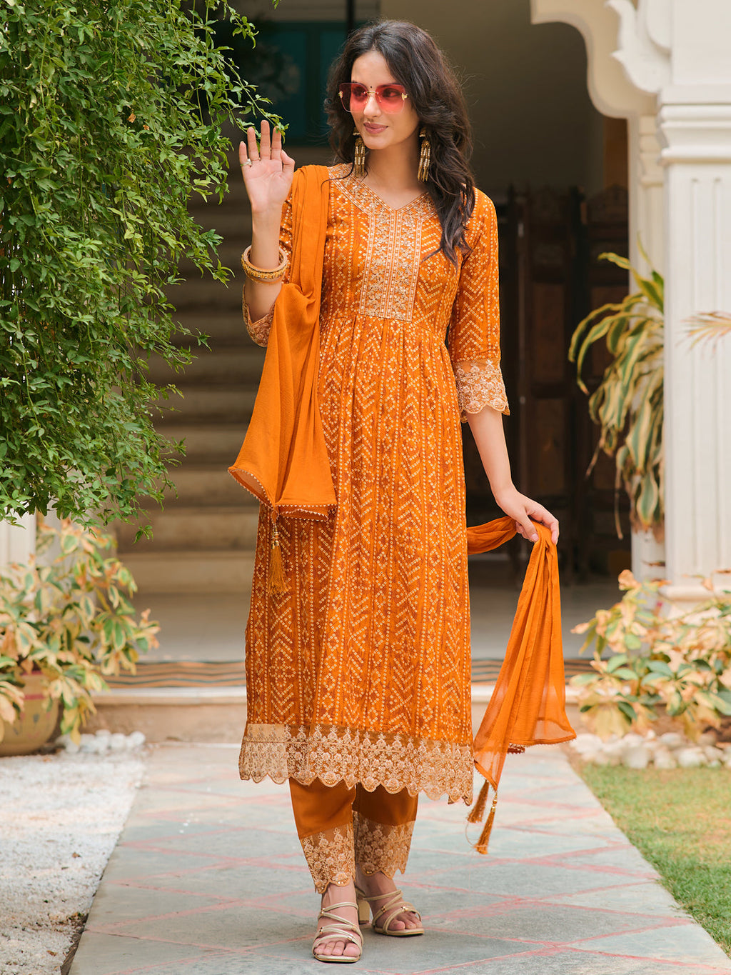 Mustard Nyra cut kurta with Bandhani print and lace embroidered pant set