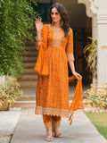 Mustard Nyra cut kurta with Bandhani print and lace embroidered pant set