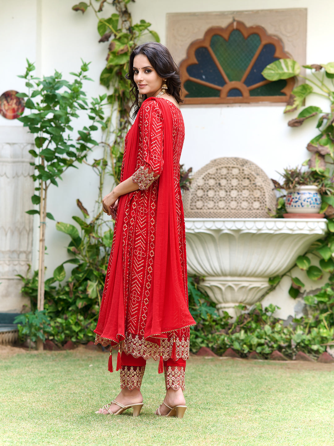 Red Nyra Cut Bandhani Printed Kurta Set with Lace Details