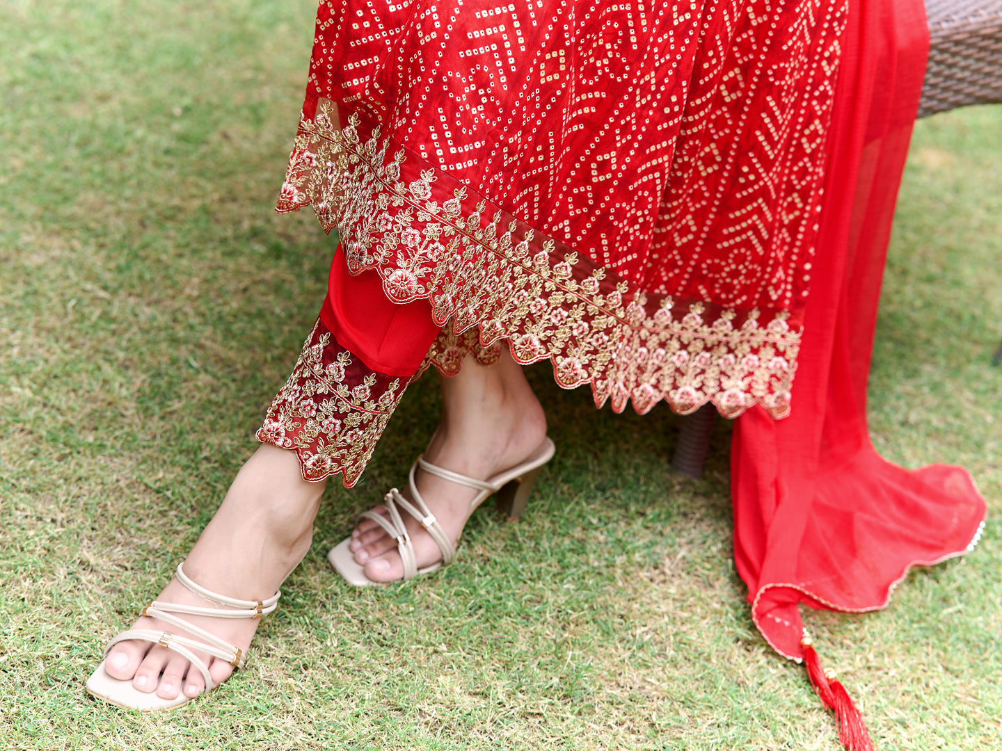 Red Nyra Cut Bandhani Printed Kurta Set with Lace Details