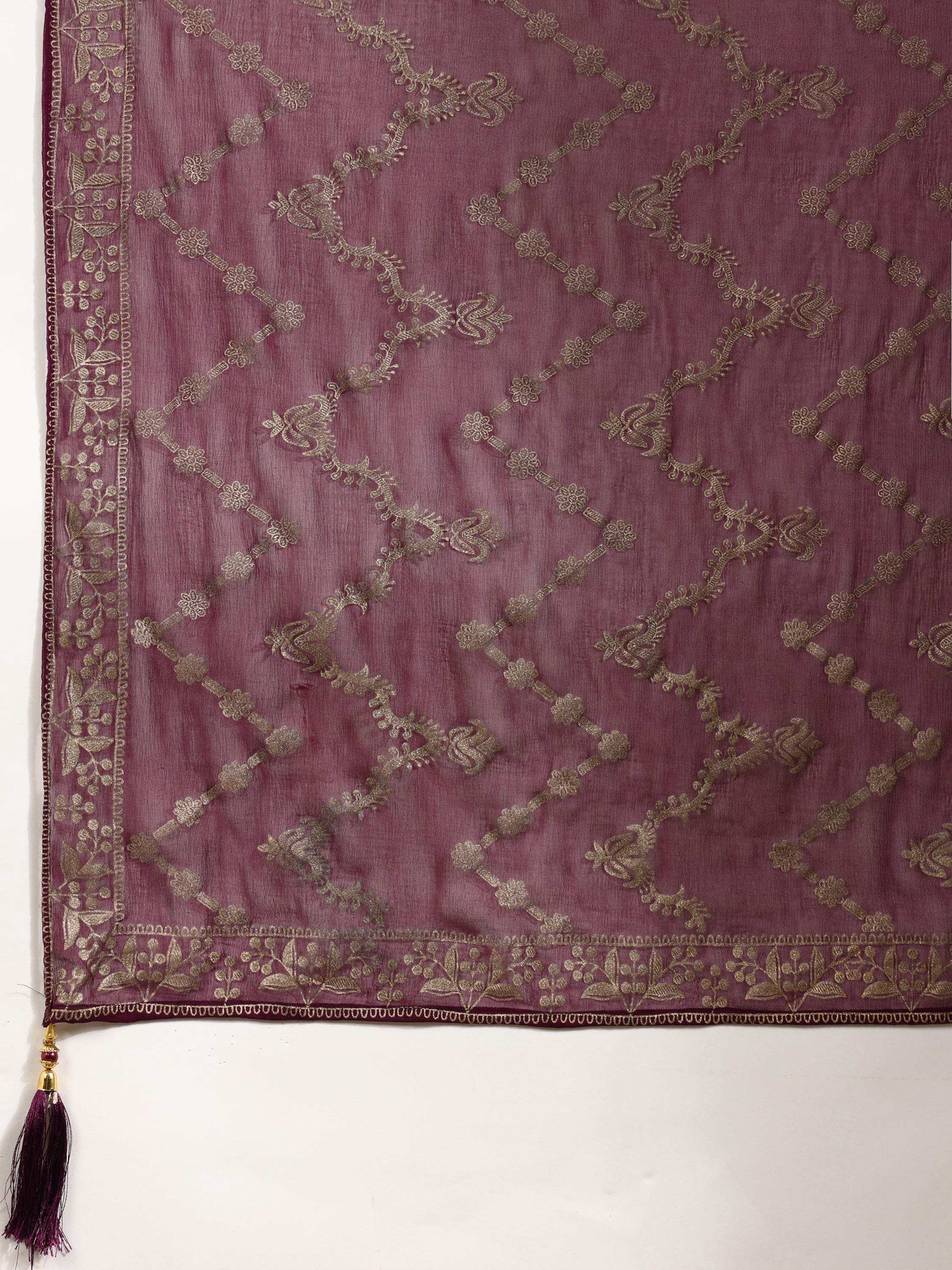 Wine Nyra Cut Floral Printed Kurta Set with Foil Print Dupatta