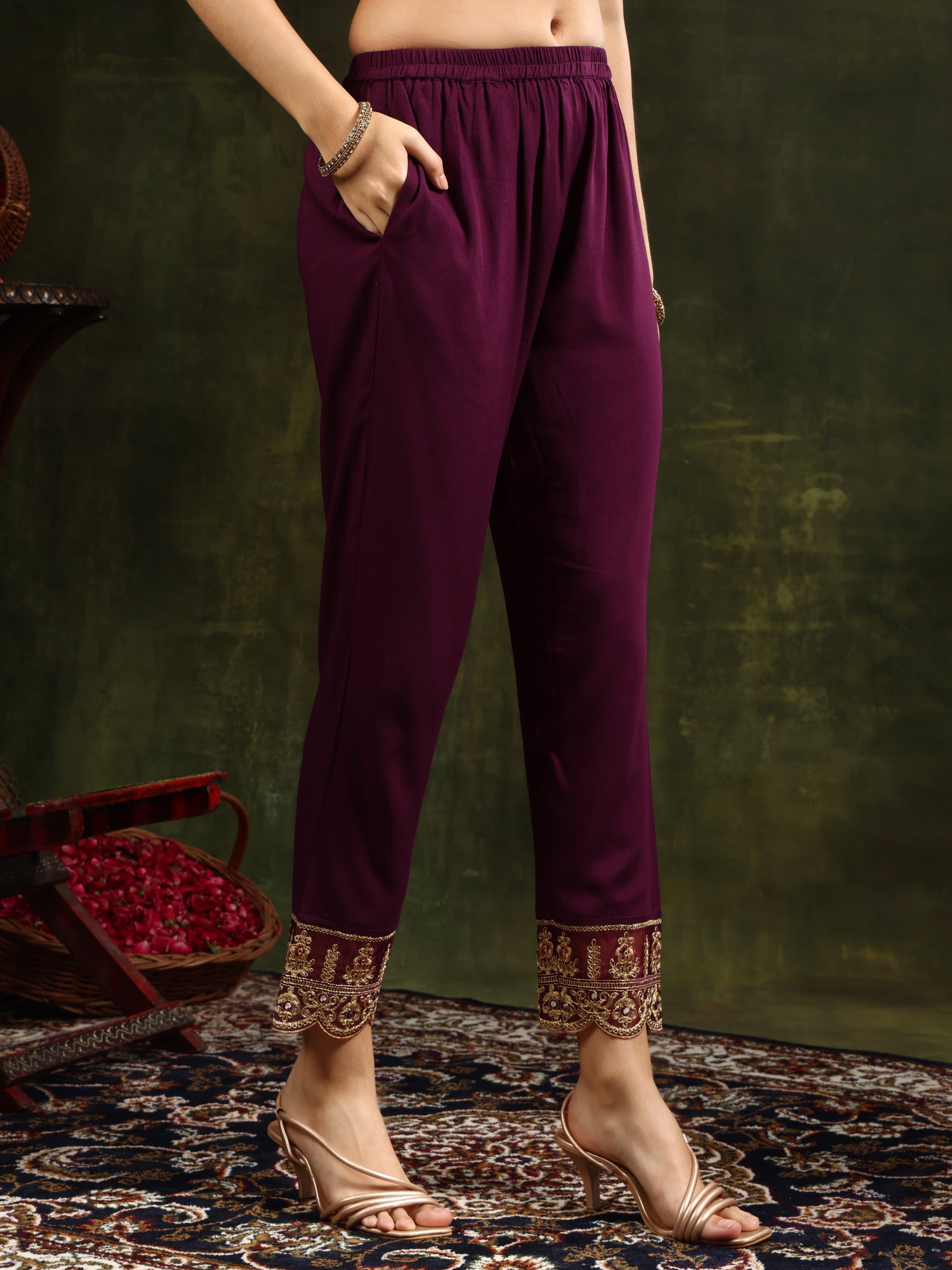 Wine Nyra Cut Floral Printed Kurta Set with Foil Print Dupatta