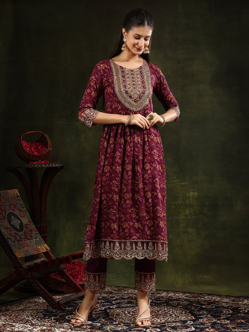 Wine Nyra Cut Floral Printed Kurta Set with Foil Print Dupatta