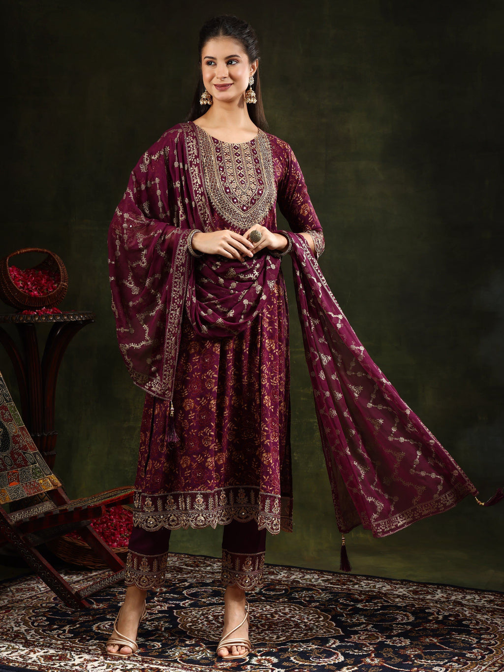 Wine Nyra Cut Floral Printed Kurta Set with Foil Print Dupatta