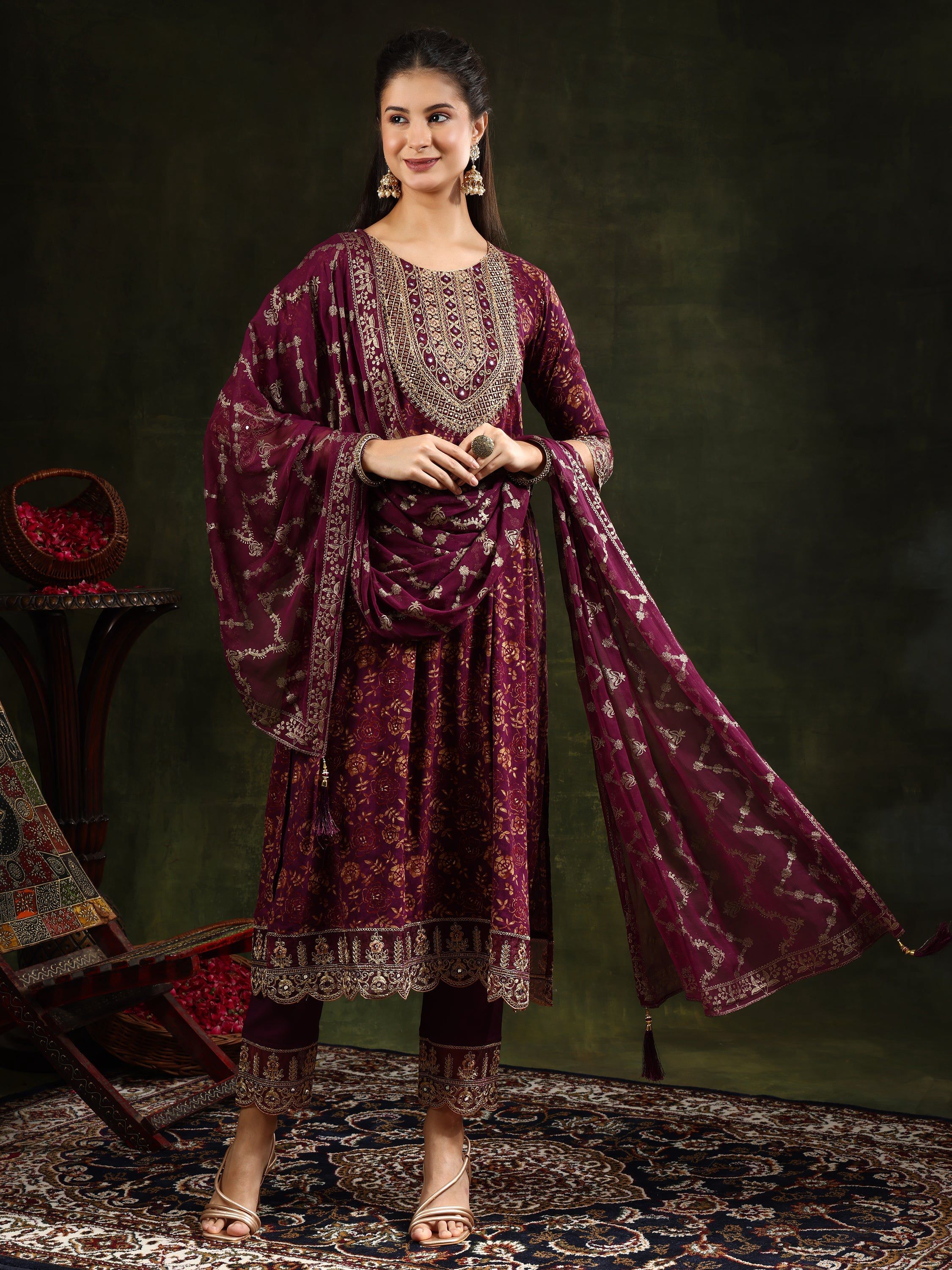 Wine Nyra Cut Floral Printed Kurta Set with Foil Print Dupatta