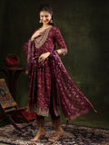 Wine Nyra cut embroidered kurta with floral print and matching foil print dupatta