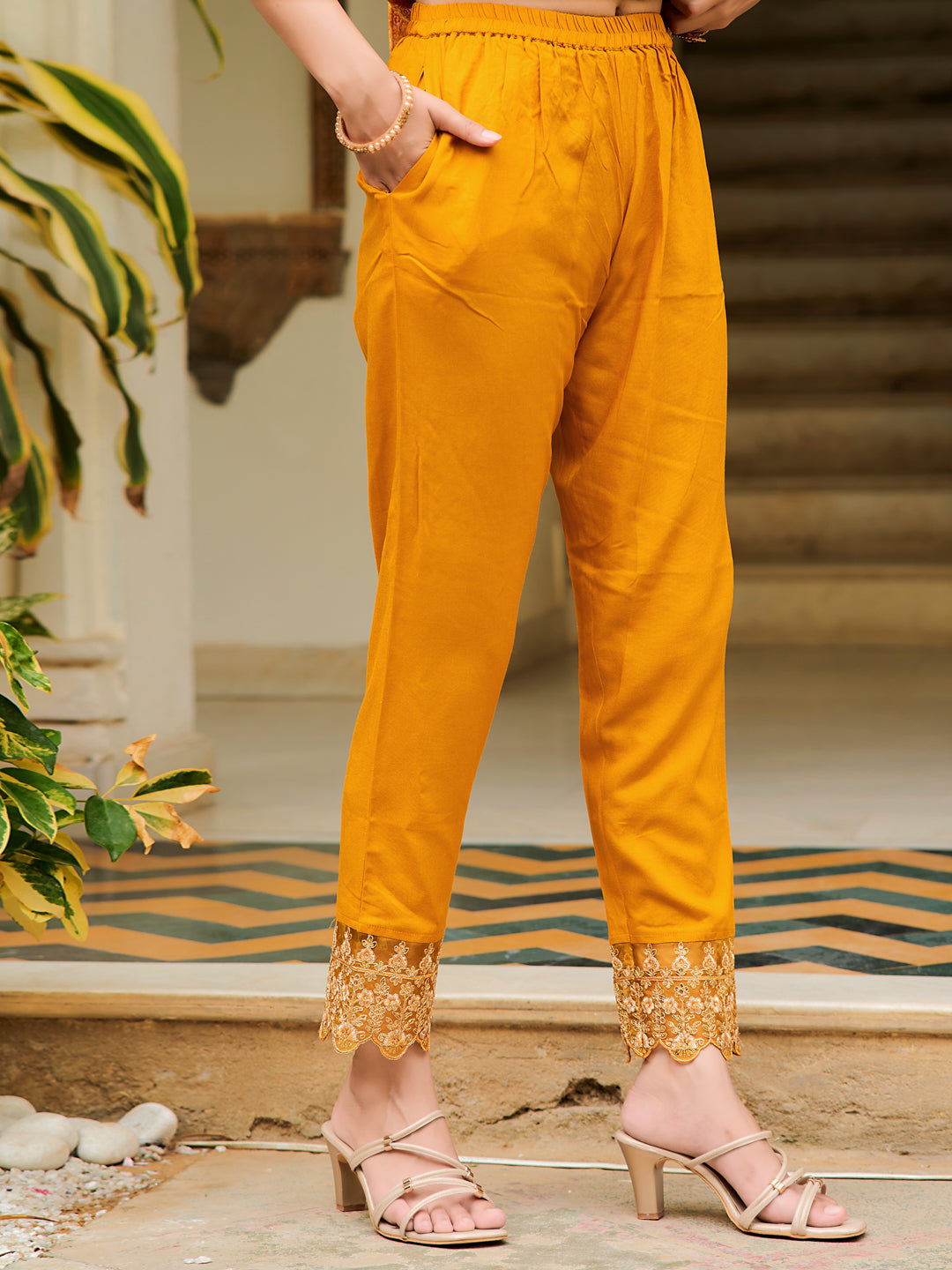 Mustard Nyra Cut Embroidered & Printed Kurta Set
