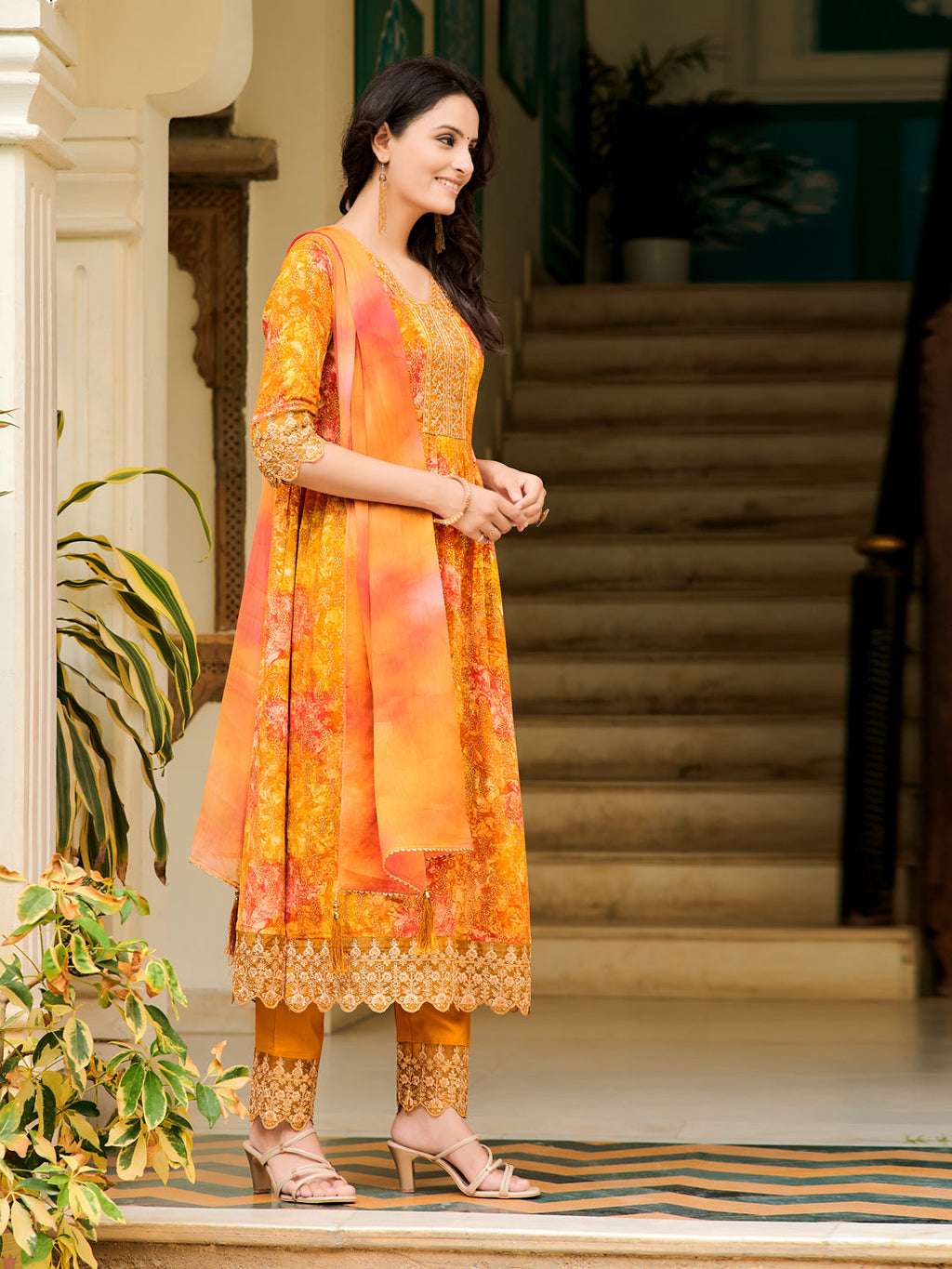 Mustard Nyra Cut Embroidered & Printed Kurta Set