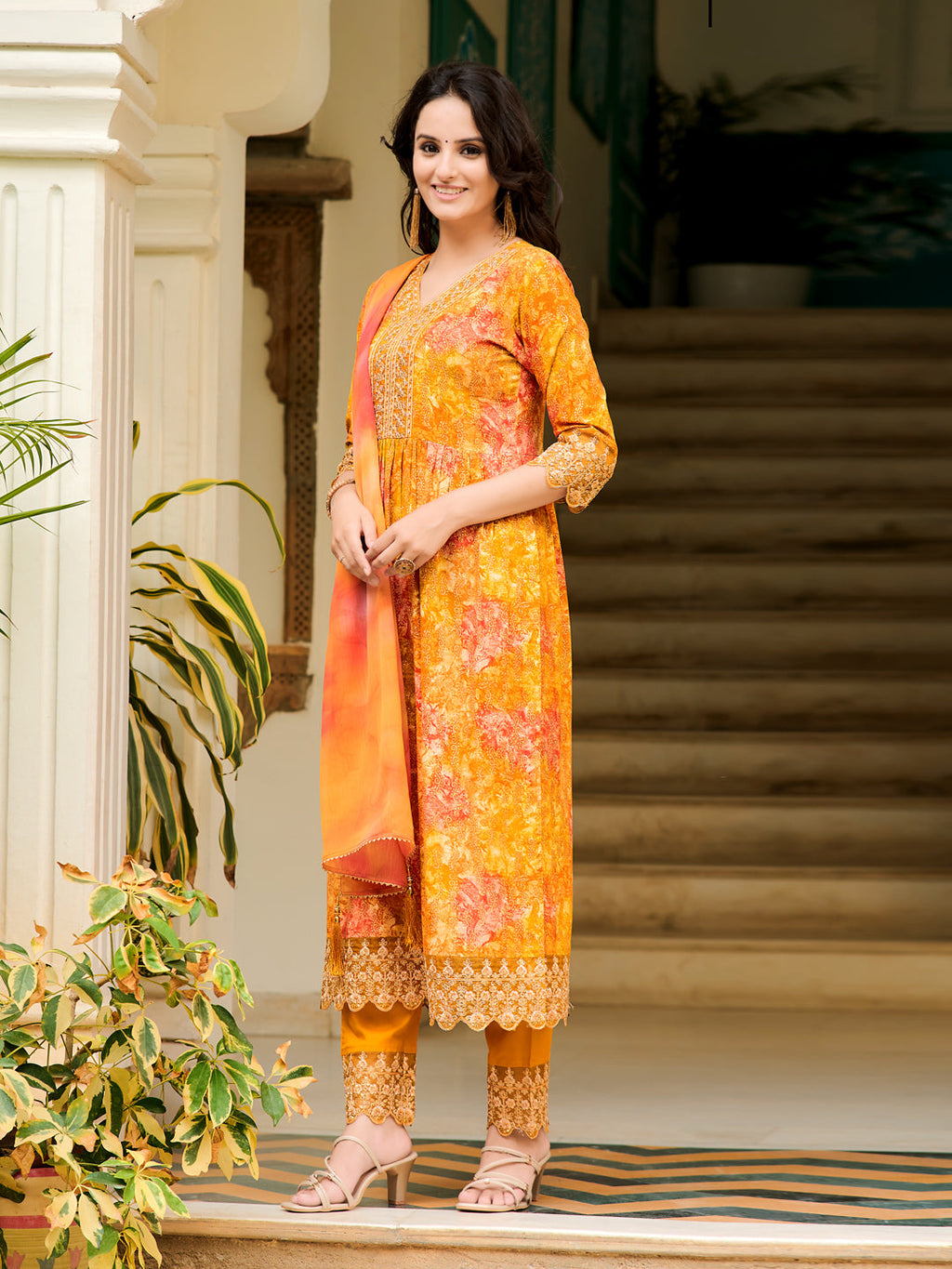 Mustard Nyra Cut Embroidered & Printed Kurta Set
