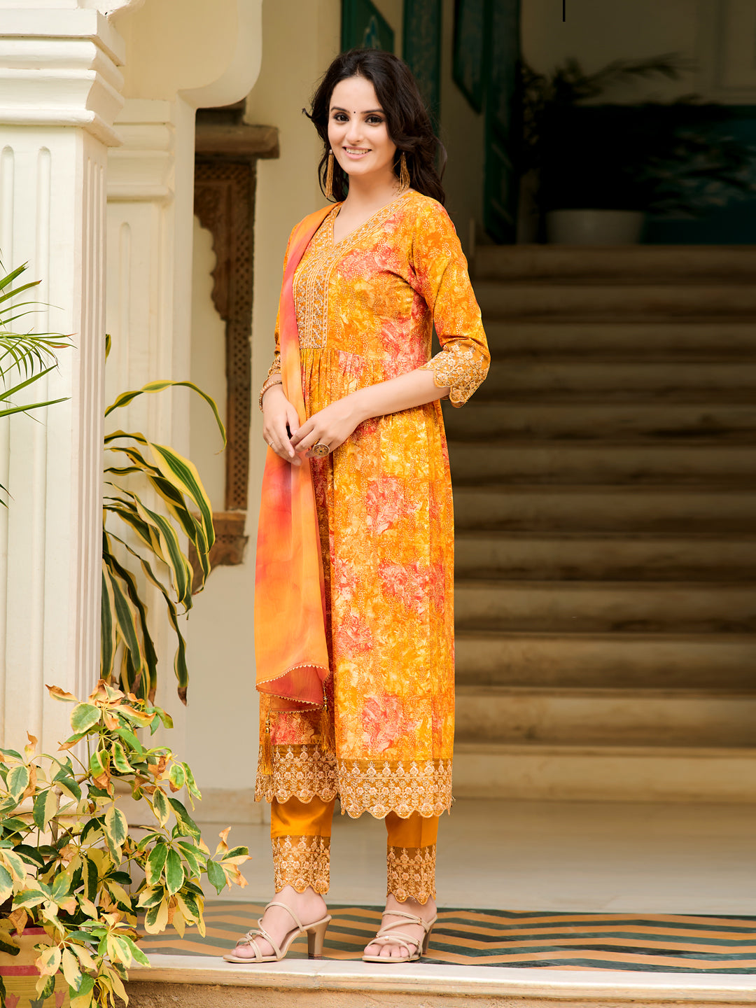 Mustard Nyra Cut Embroidered & Printed Kurta Set