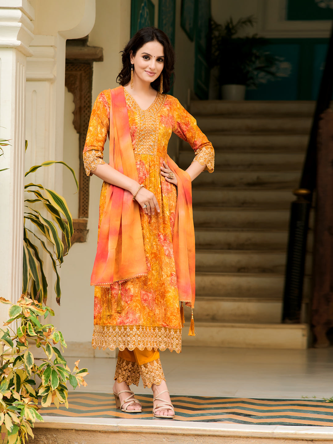 Mustard Nyra cut embroidered and printed kurta set