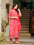 Pink Nyra cut kurta with embroidery and print paired with matching pants and dupatta